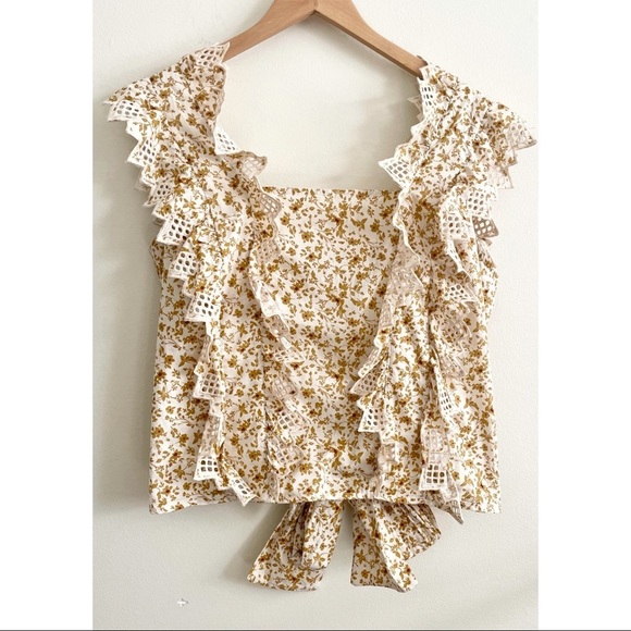 Anthropologie Trina Bow Blouse Bohemian Floral Summer Ruffle New Large - Picture 8 of 8